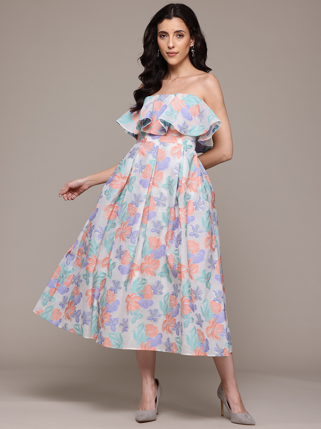 Label Ritu Kumar Floral Jacquard Layered Strapless Fit & Flare Midi Dress