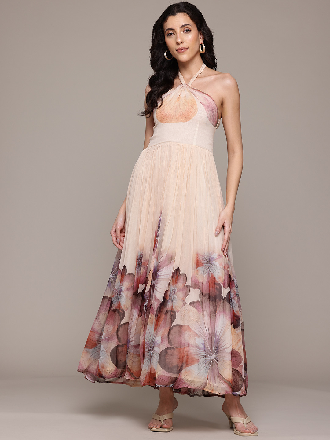 Label Ritu Kumar Floral Printed Backless Chiffon Fit & Flare Maxi Dress