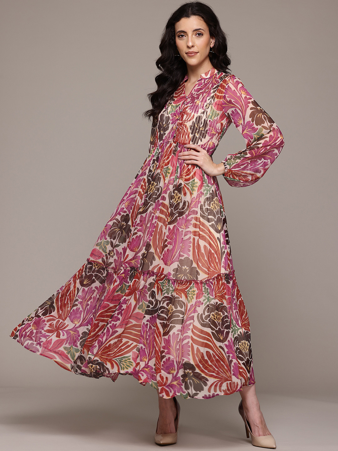 Label Ritu Kumar Floral Printed Puff Sleeve Chiffon Fit & Flare Maxi Dress with Pin Tucks