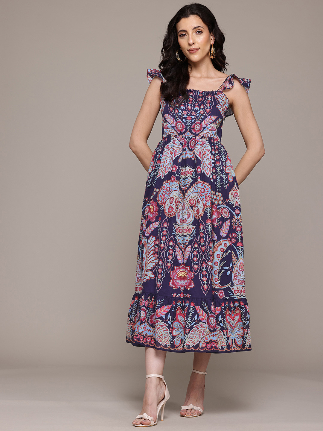 Label Ritu Kumar Indie Floral Printed Flutter Sleeve Fit & Flare Midi Dress