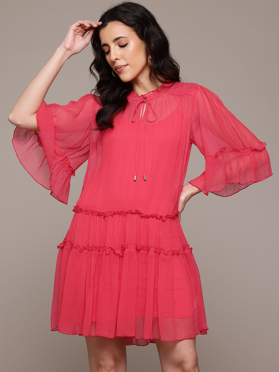 Label Ritu Kumar Tie-Up Neck Flared Sleeve Tiered Chiffon Dress