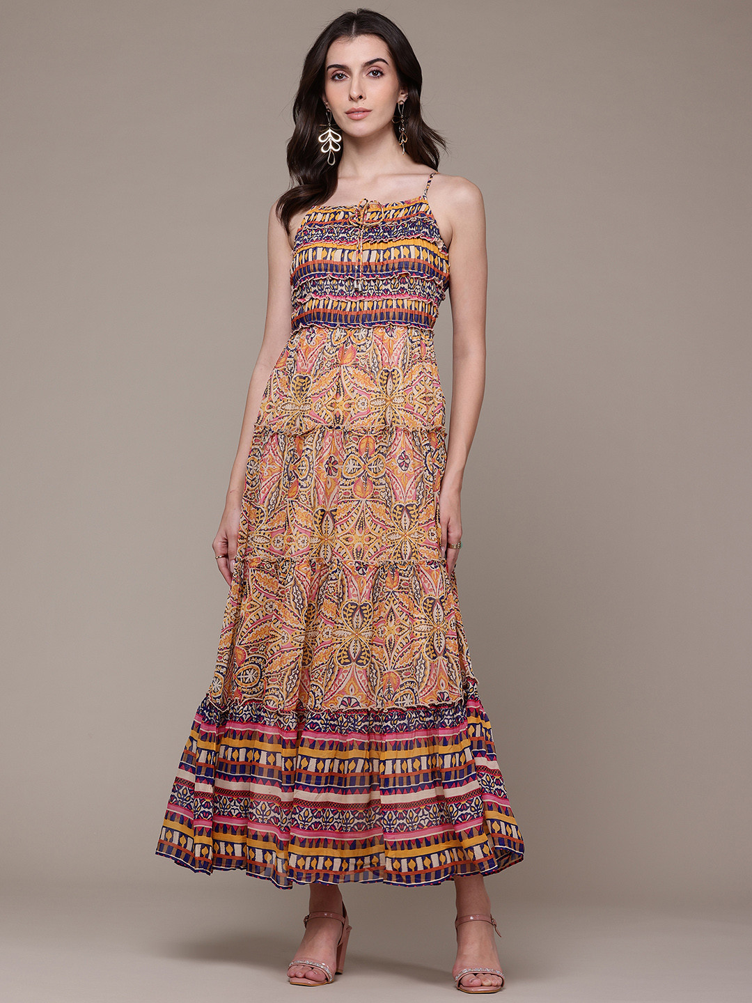 Label Ritu Kumar Floral Print Tie-Up Neck A-Line Maxi Dress
