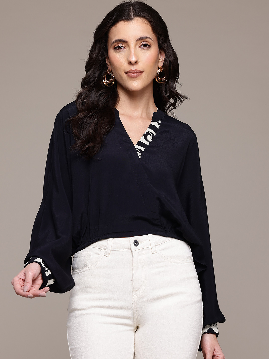 Label Ritu Kumar Solid Bishop Sleeves Crepe Top with Contrast Placket
