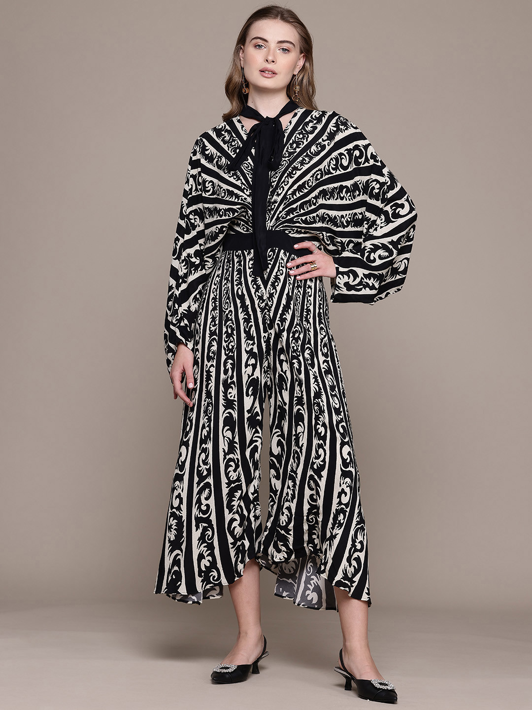 Label Ritu Kumar Floral Printed Tie Up Neck Batwing Sleeve Basic Jumpsuit