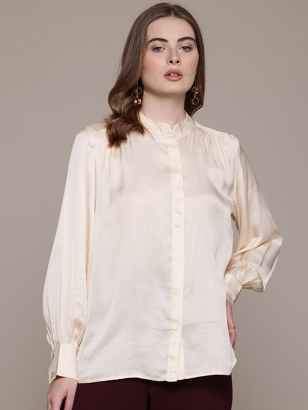 Label Ritu Kumar Solid Band Collar Satin Formal Shirt