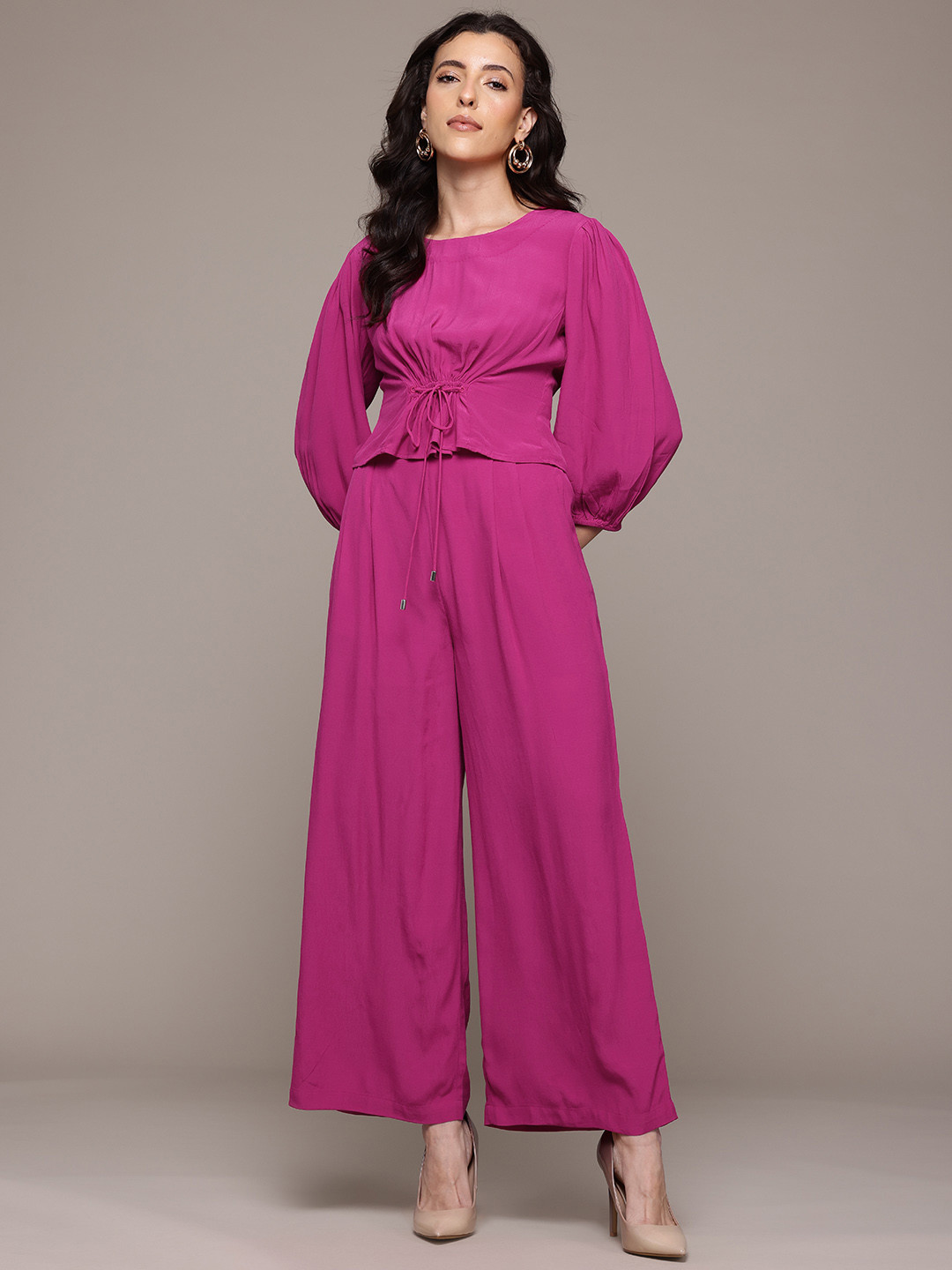 Label Ritu Kumar Solid Tie Up Detail Top & Wide Leg Trousers Co-Ord Set