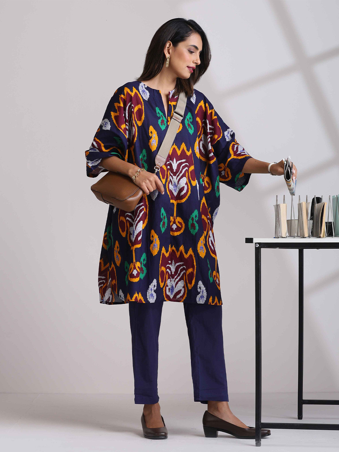 trueBrowns Purple Pure Cotton Ikat Kaftan Co-Ords