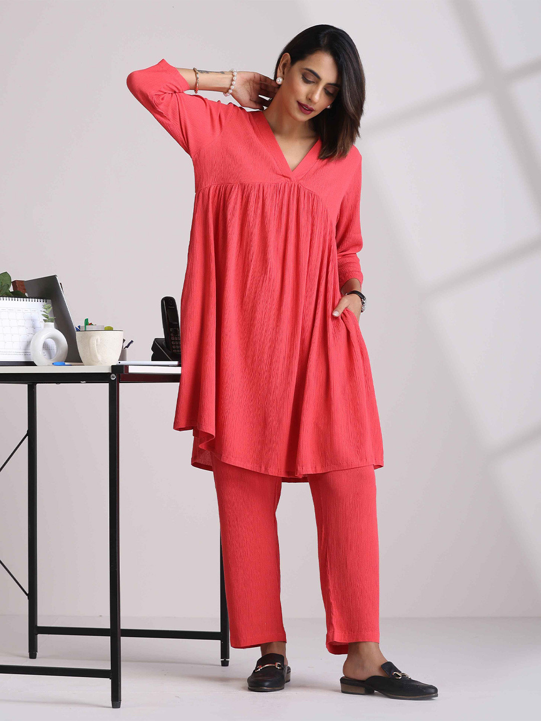 trueBrowns Peach Crinkle Flared Kurta Co-Ords