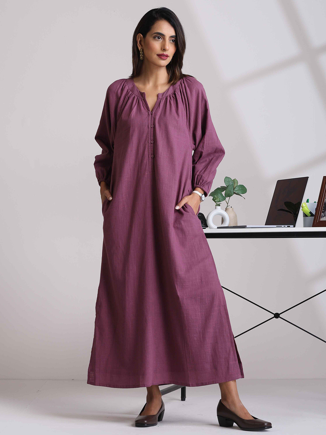 trueBrowns Women Light Purple Cotton Dobby A-Line Dress