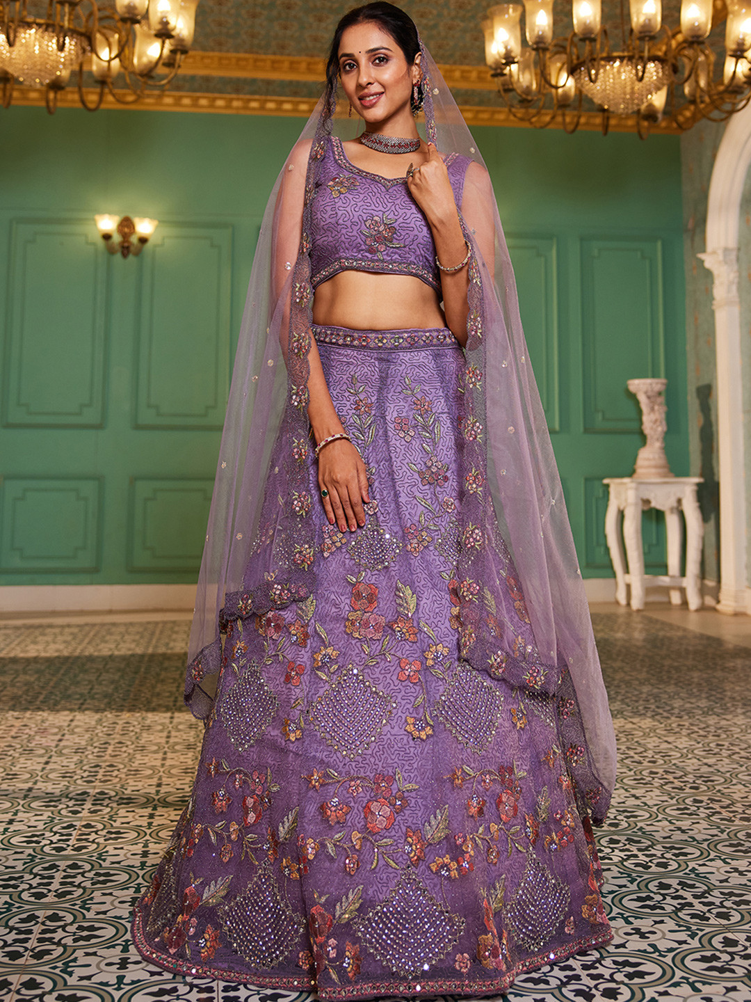 panchhi Embroidered Sequinned Semi-Stitched Lehenga & Unstitched Blouse With Dupatta