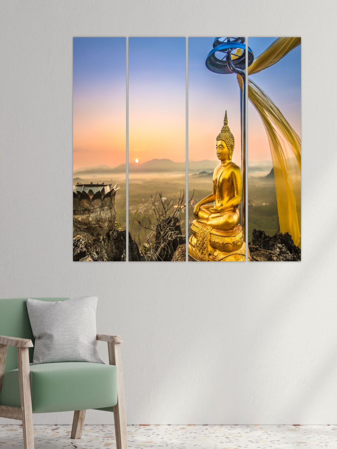 Inephos Gold-Toned & Blue 4 Pieces Religious Buddha Vinyl Wall Art