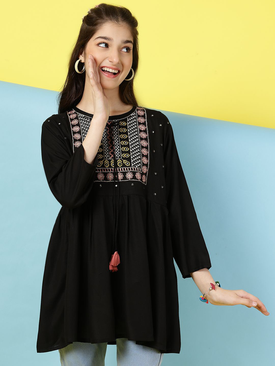 Ishti Girls Floral Embroidered Round Neck Black Top