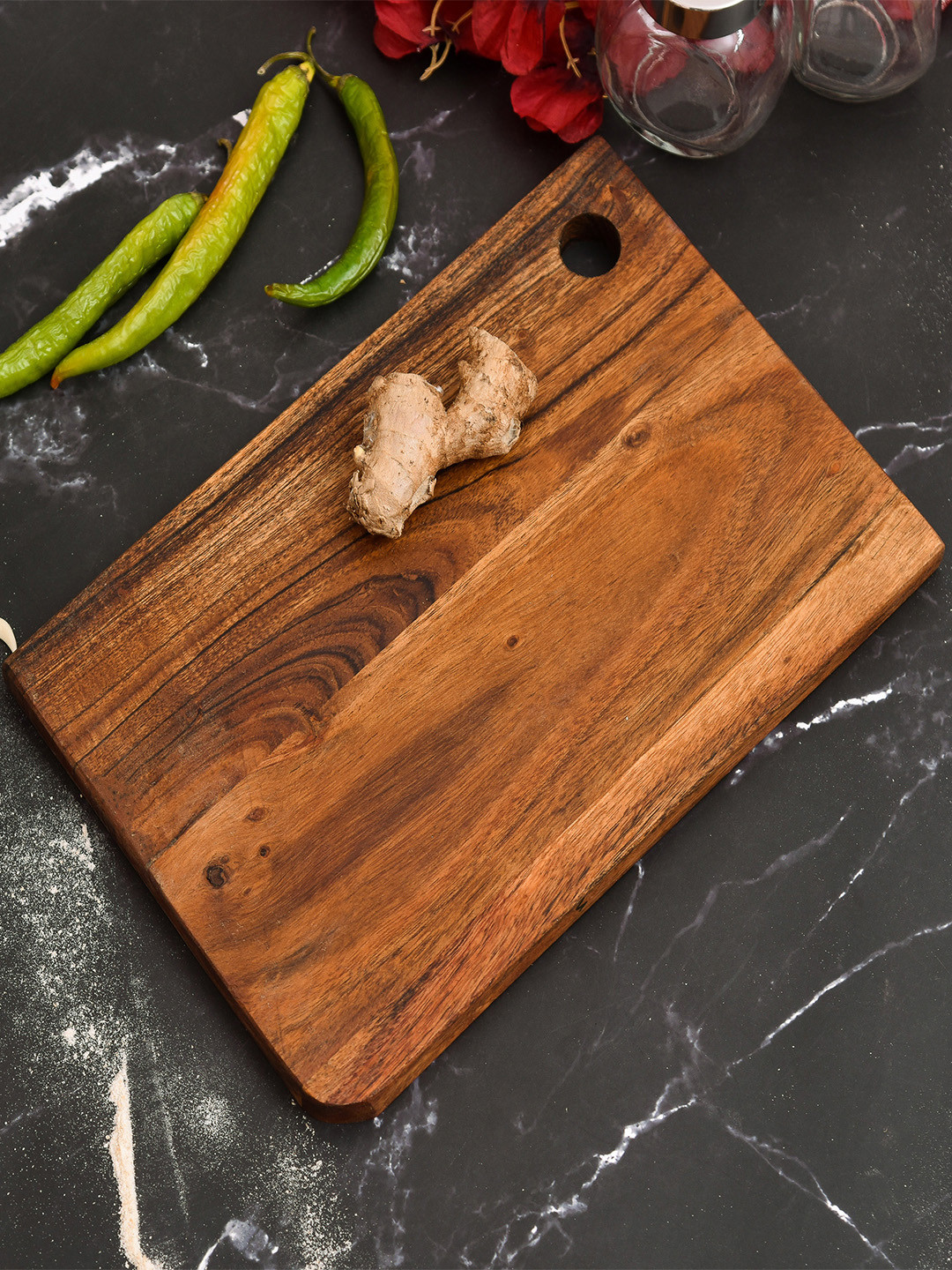 oggn Brown Natural Acacia Wood Corner Hole Chopping Board