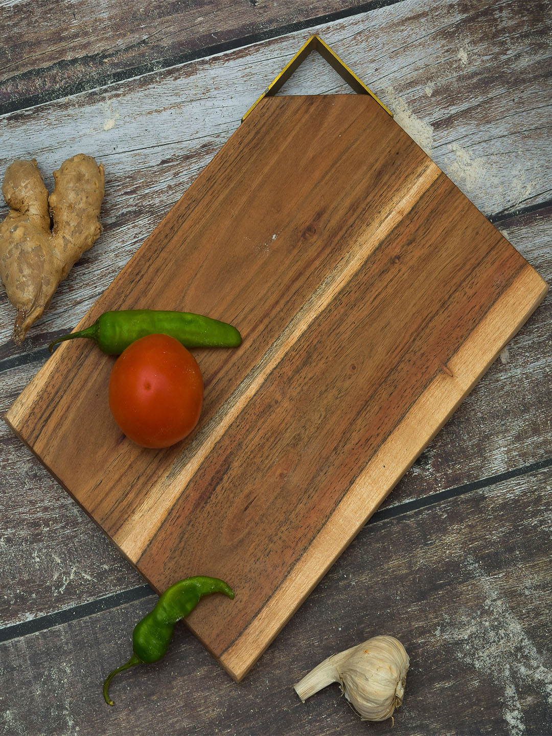 oggn Brown Natural Acacia Wood Corner Iron Handle Chopping Board