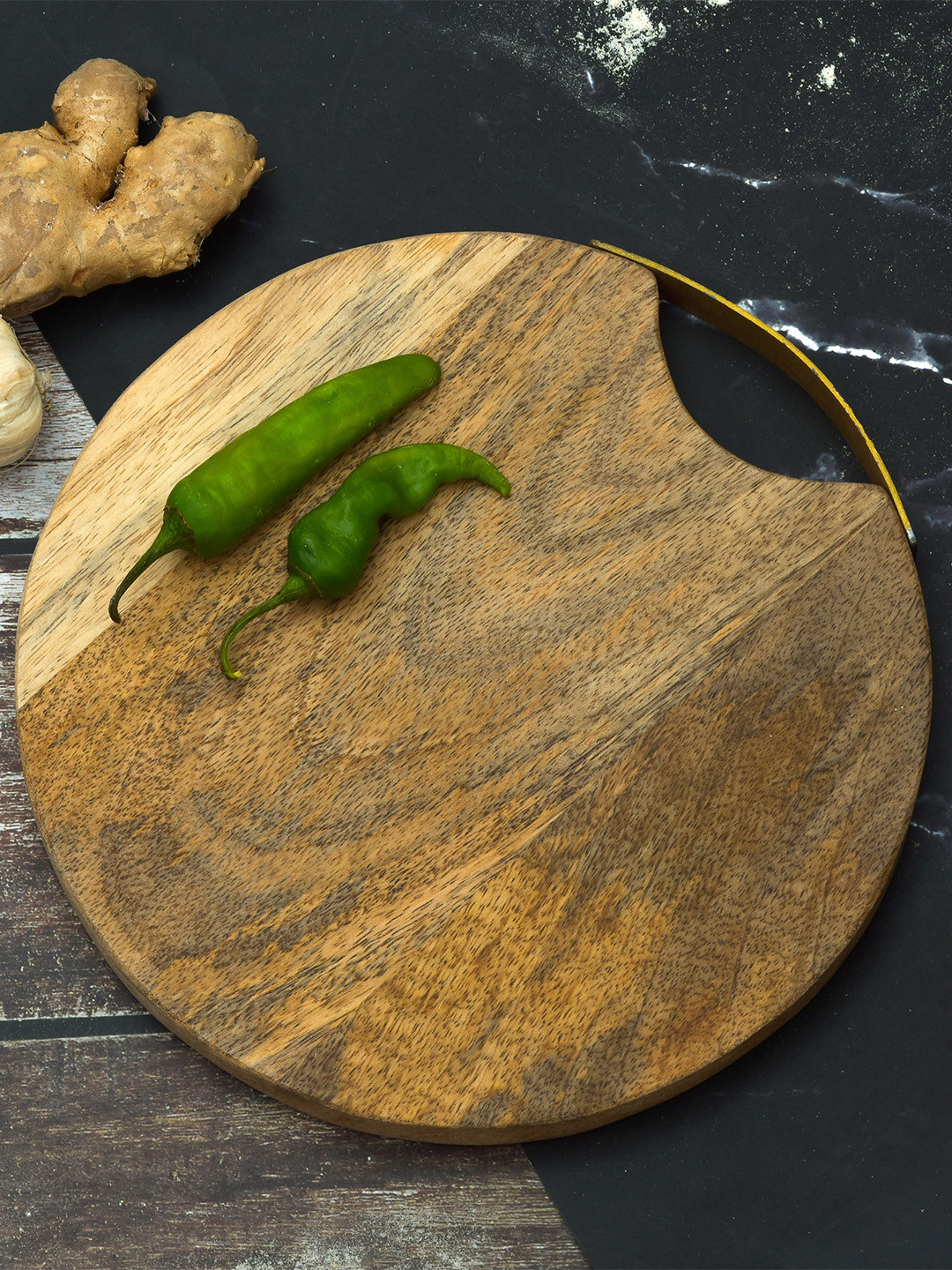 oggn Brown Natural Mango Wood Iron Handle Chopping Board