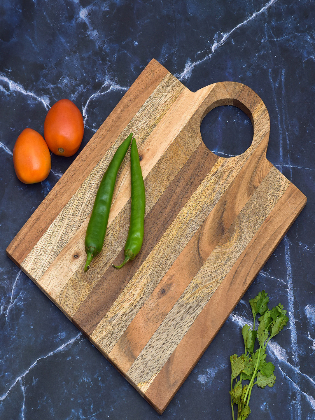 oggn Brown Natural Mixwood Round Wooden Handle Chopping Board