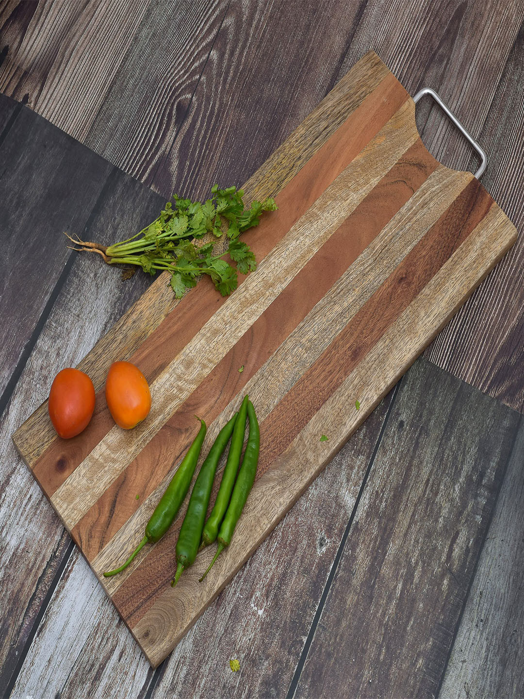 oggn Brown Natural Mixwood Steel Handle Chopping Board