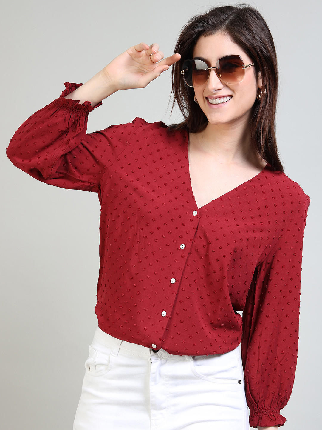 GLAM & CHIQUE Puff Sleeve Shirt Style Top