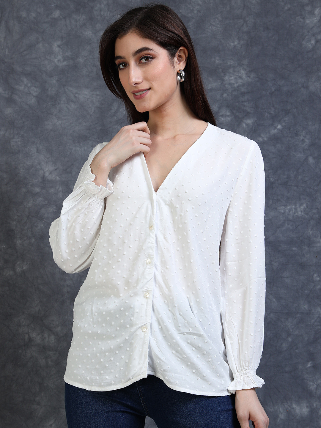 Glam & Chique Women's V- Neck Embroidered Relaxed Fit Cotton Puff Long Sleeve Top