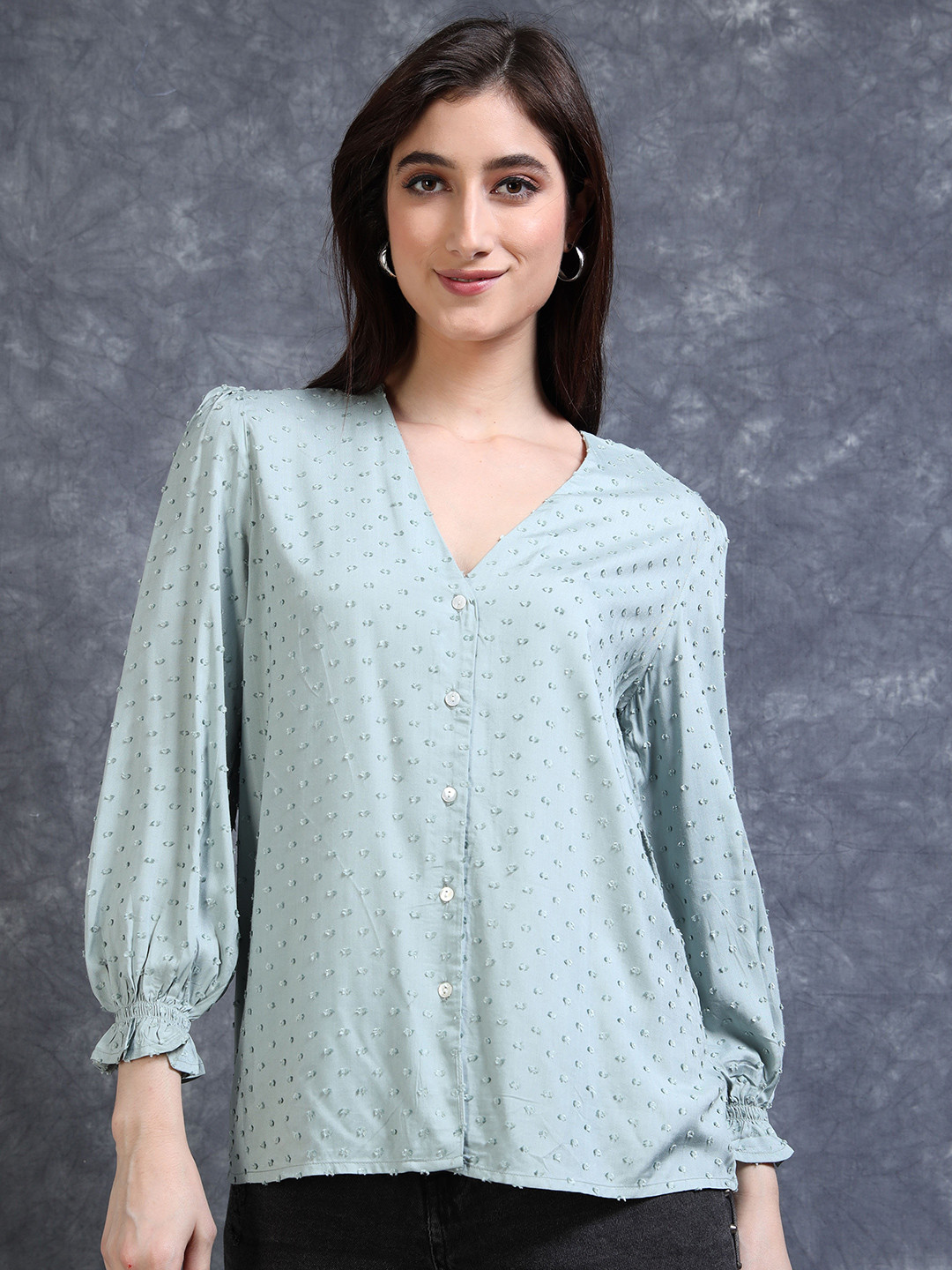 GLAM & CHIQUE Women Relaxed Fit Embroidered Puff Sleeve Shirt Style Top