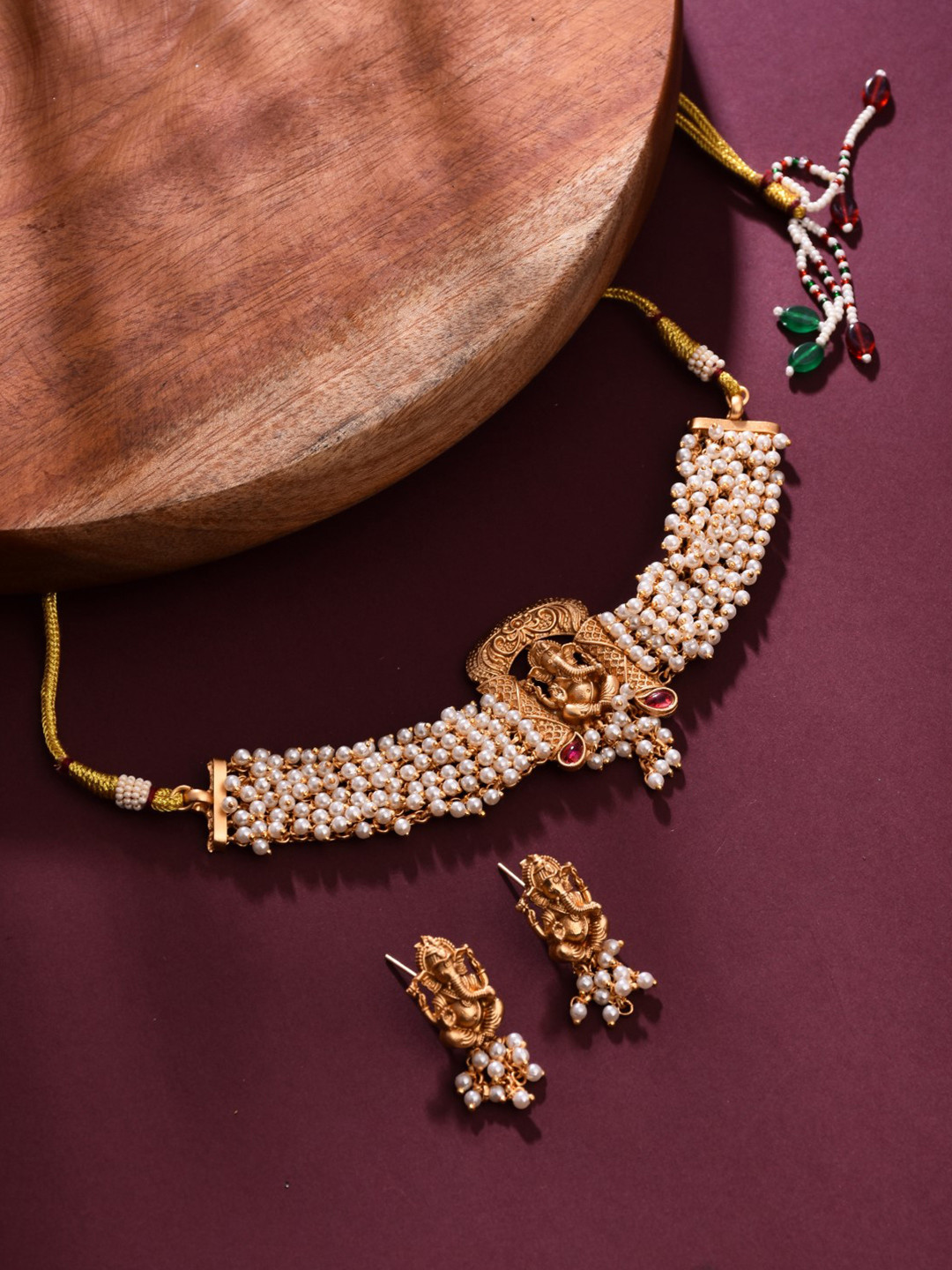 Anvik Gold-Plated Artificial Stones Studded And Beaded Temple Neckless And Earrings