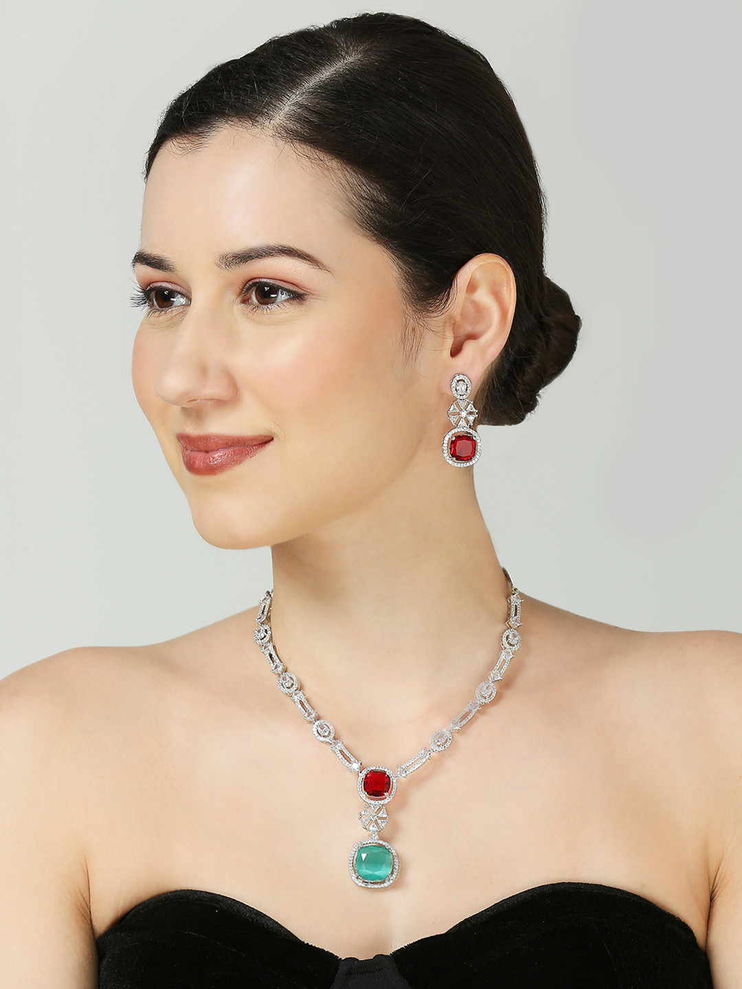 fabula Mint Green & Red American Diamond Stone-Studded Jewellery Set