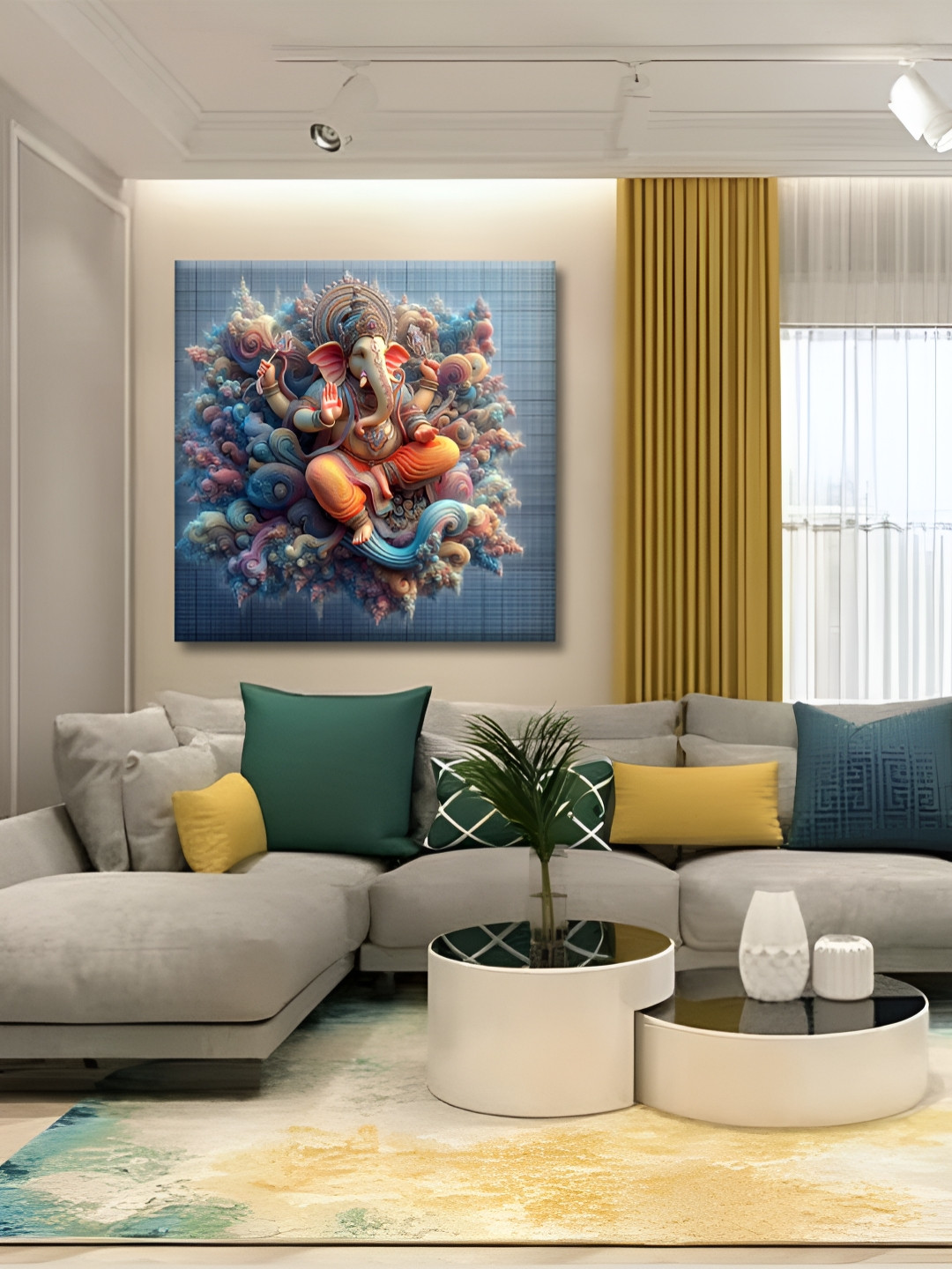 OLIVE TREE Blue & Orange Ganesh Religious Canvas Wall Art