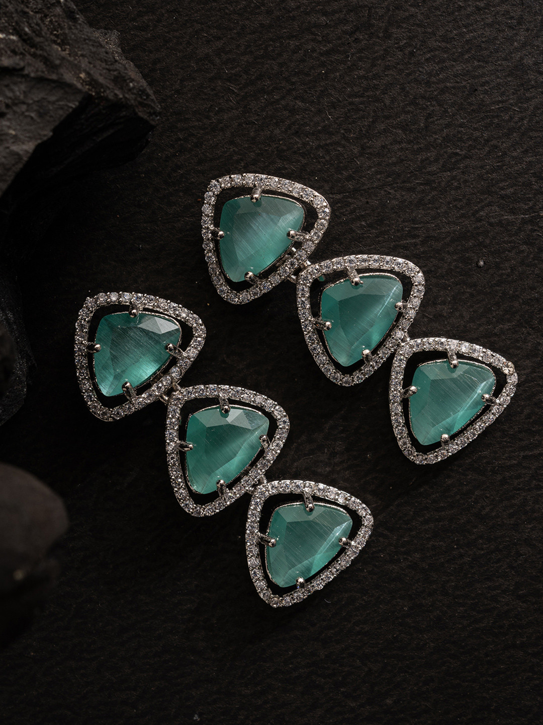 PANASH Silver -Plated Stones Studded Triangular Shaped Drop Earrings