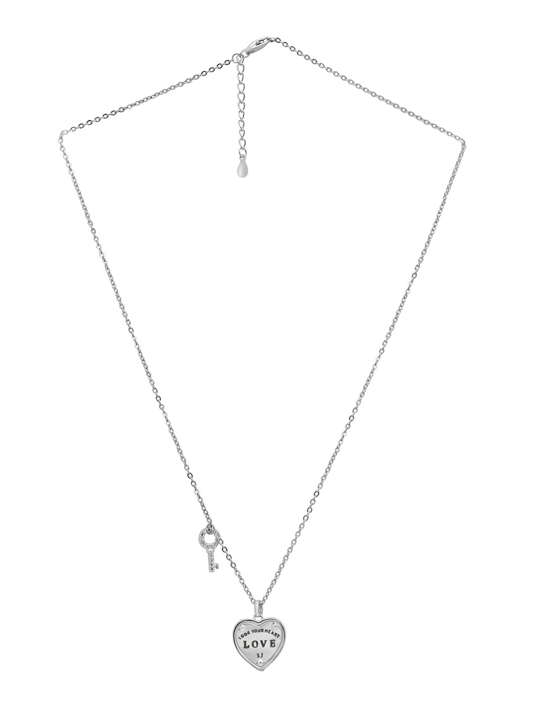 925 SILLER 925 Pure Silver Zircon Studded Heart and Key Charm Pendant With Chain