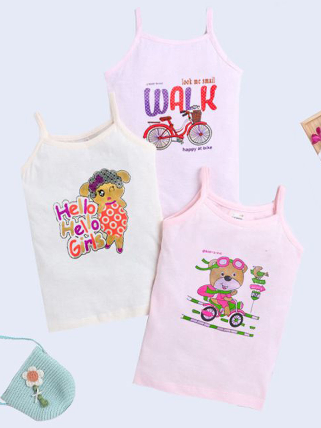 Mega style Girls Pack Of 5 Printed Cotton Non Padded Innerwear Vests