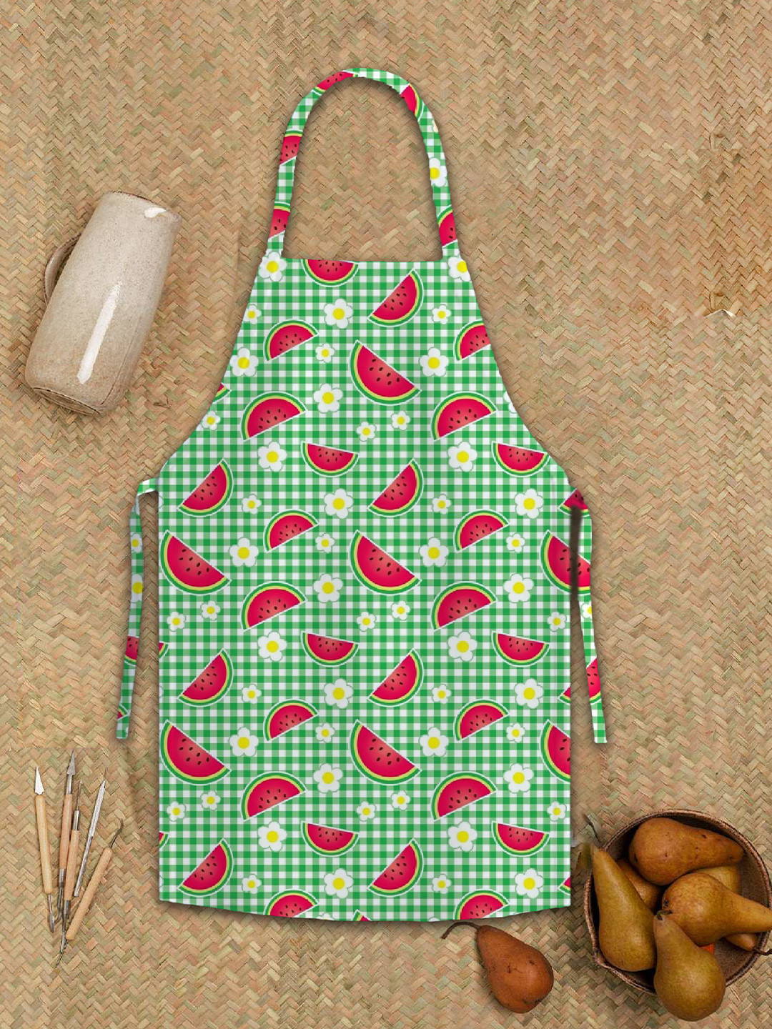 Steve & Anderson Green And Red Printed Pure Cotton Kitchen Apron With Pocket