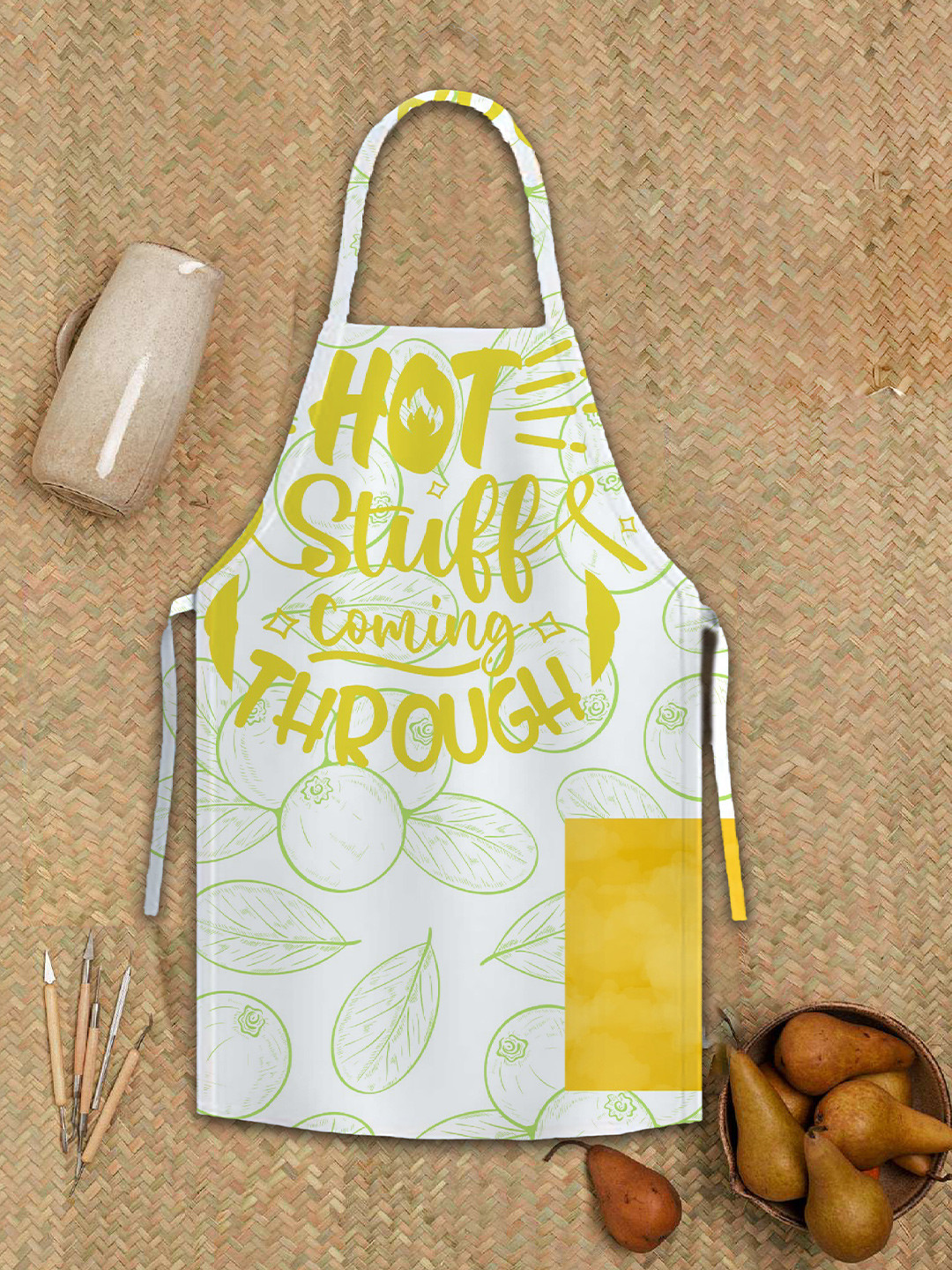 Steve & Anderson Unisex White & Green Printed Pure Cotton Front Pocket Kitchen Apron