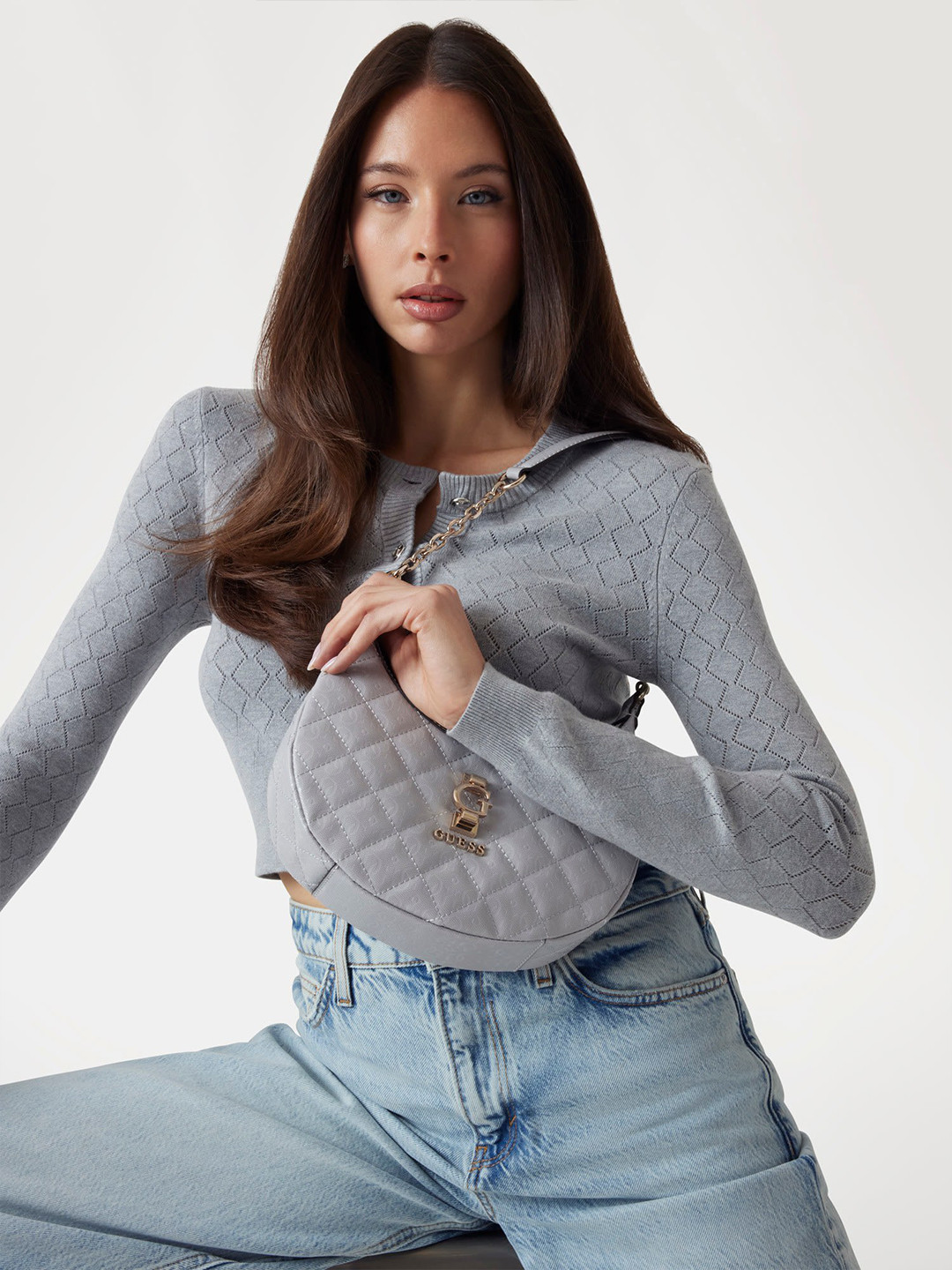 GUESS Bessey Quilted Mini Half Moon Shoulder Bag