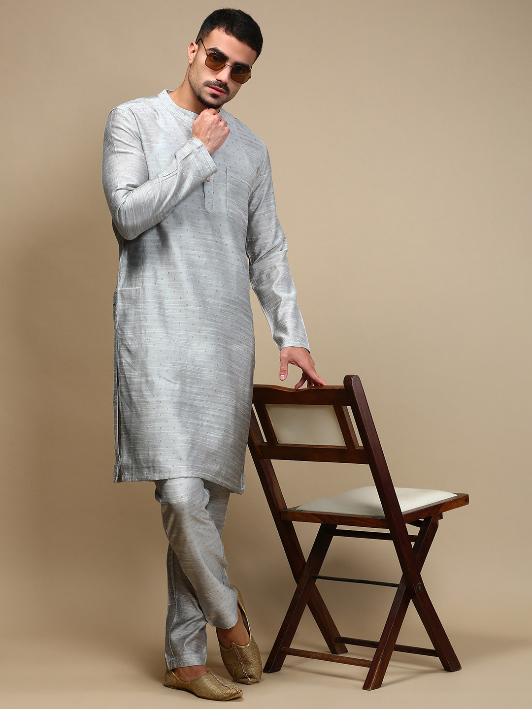 WHITE HEART Men Mandarin Collar Ethnic Motif Straight Kurta With Pyjamas