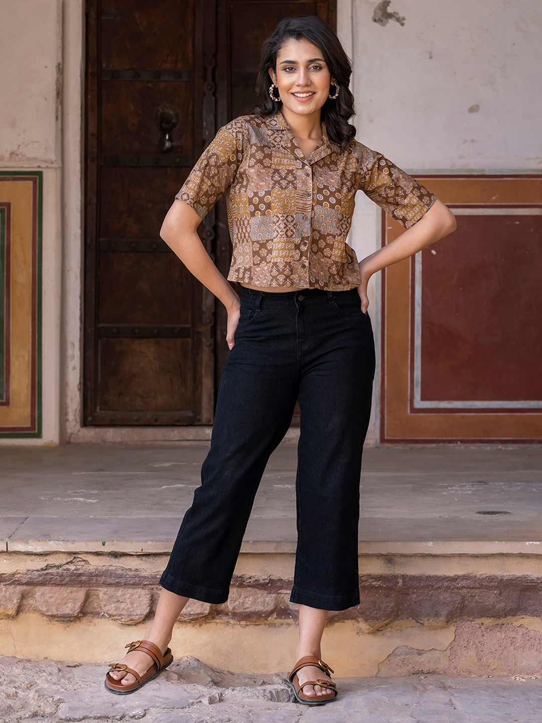 CORSICA Women cuben collar Cotton Shirt Style Crop Top