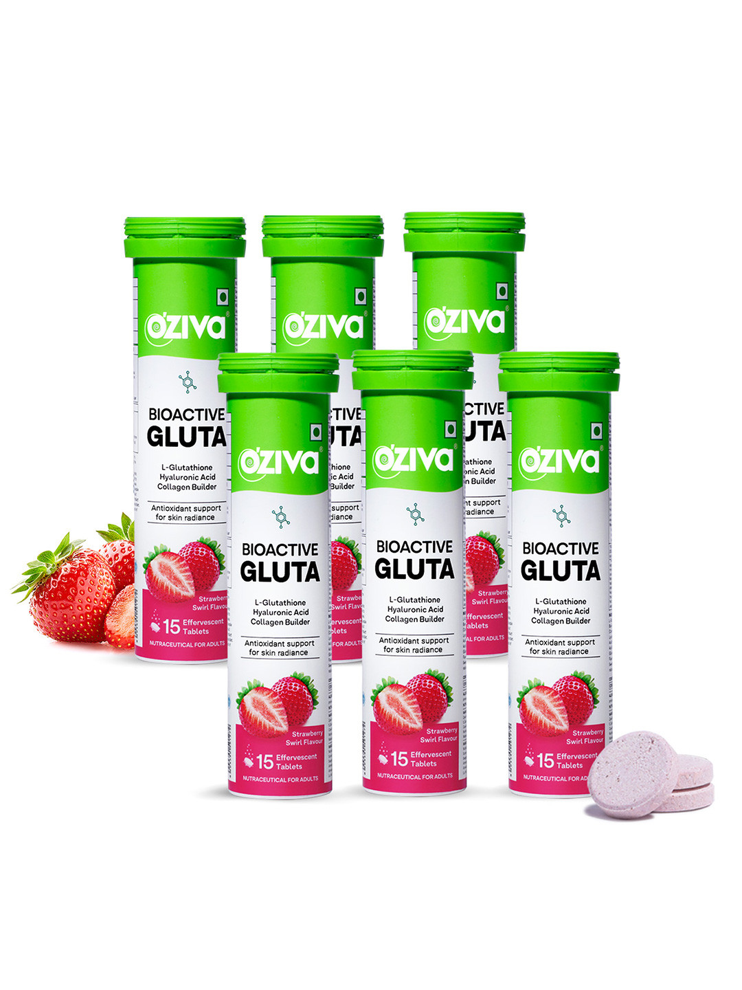 OZiva Set of 6 Bioactive Gluta Strawberry Swirl Flavor Fizzy Tablets - 15 Tablets Each