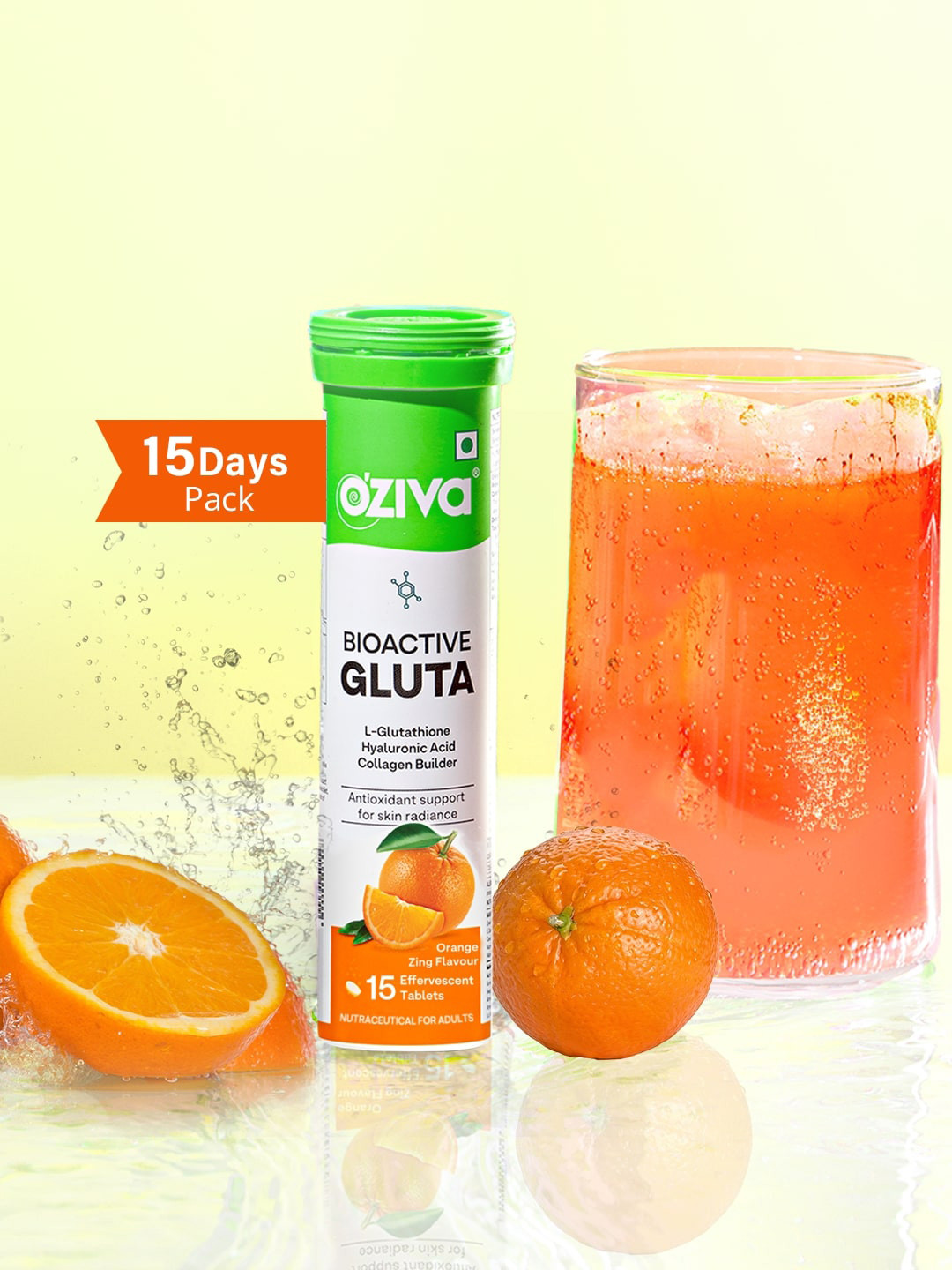 OZiva Bioactive Gluta Orange Zing Flavor Fizzy L-Glutathione - 15 Effervescent Tablets