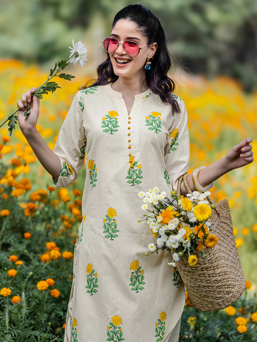 Libas Floral Printed Mandarin Collar Straight Kurta With Trousers