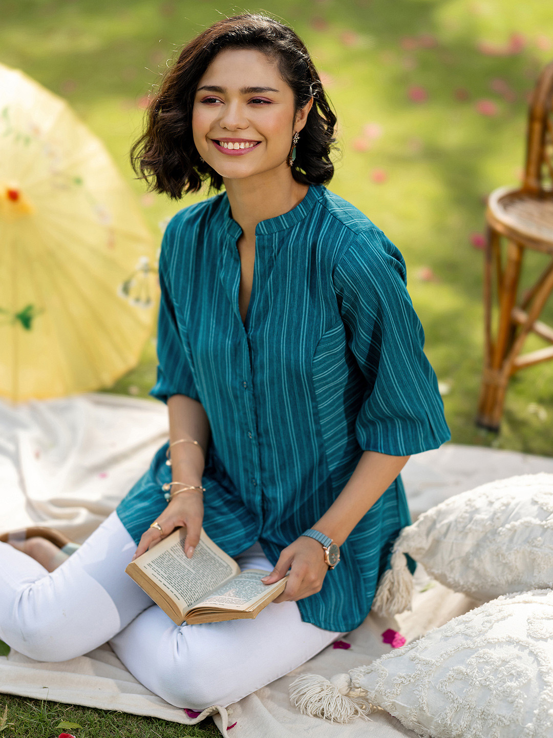 Libas Women Woven Design front open Panelled Kurti