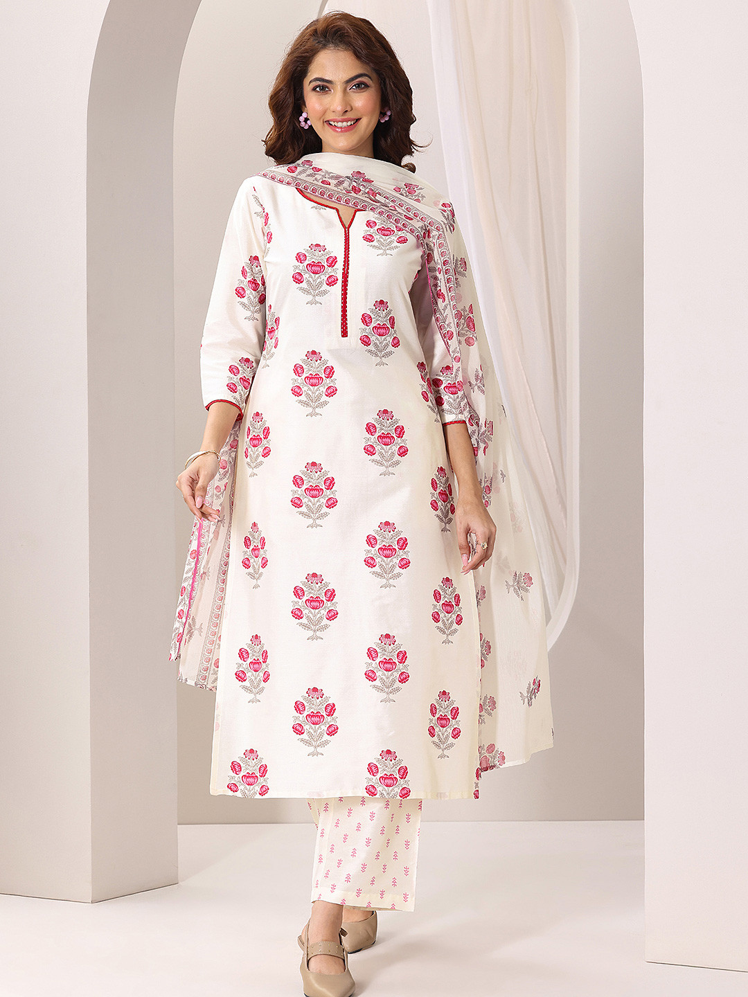 Libas Floral Printed Notch Neck Chanderi Silk Kurta With Trousers And Dupatta
