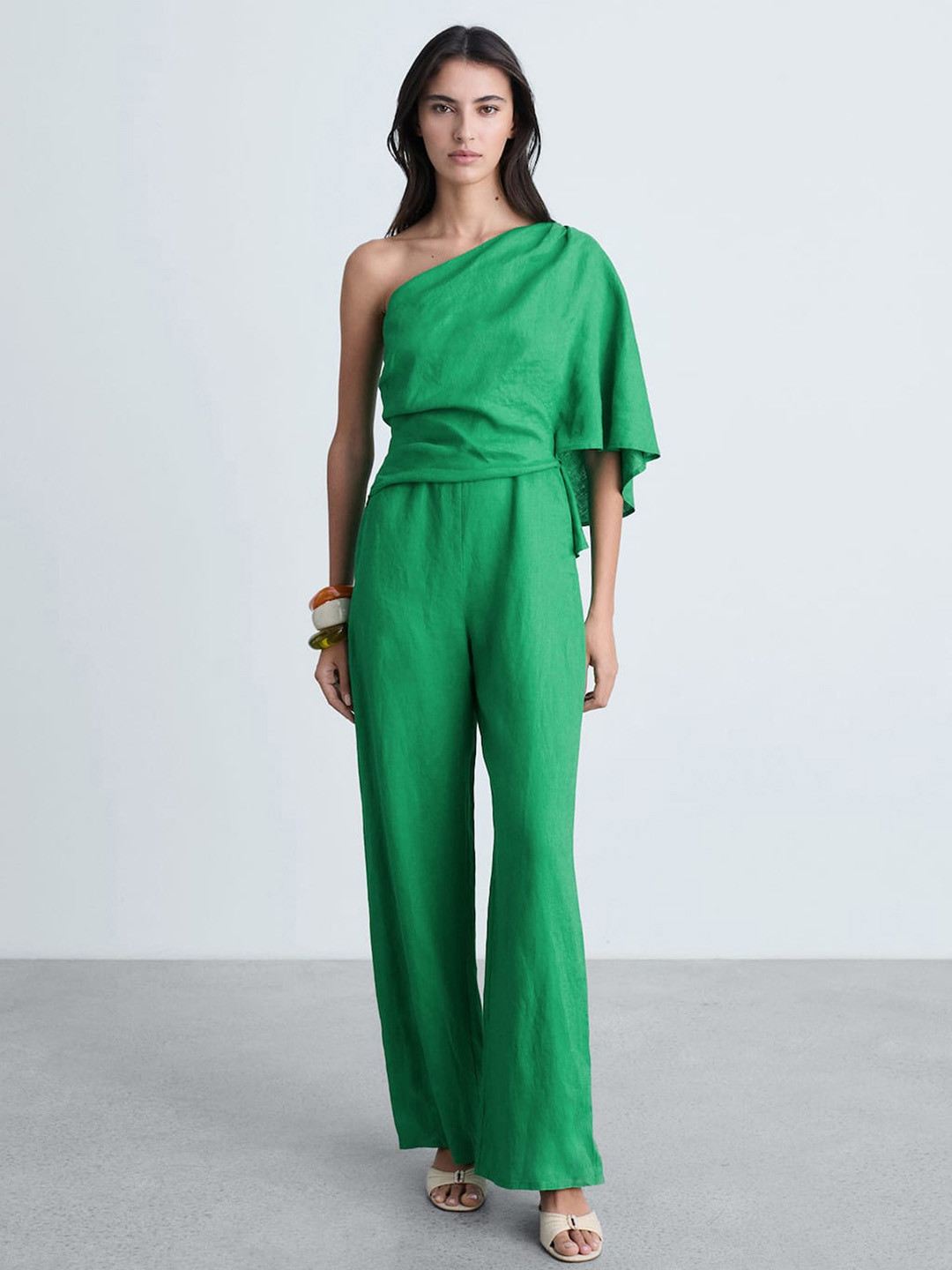 MANGO One-Shoulder Pure Linen Basic Jumpsuit