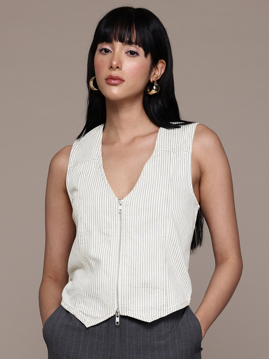 MANGO Striped Paneled Waistcoat