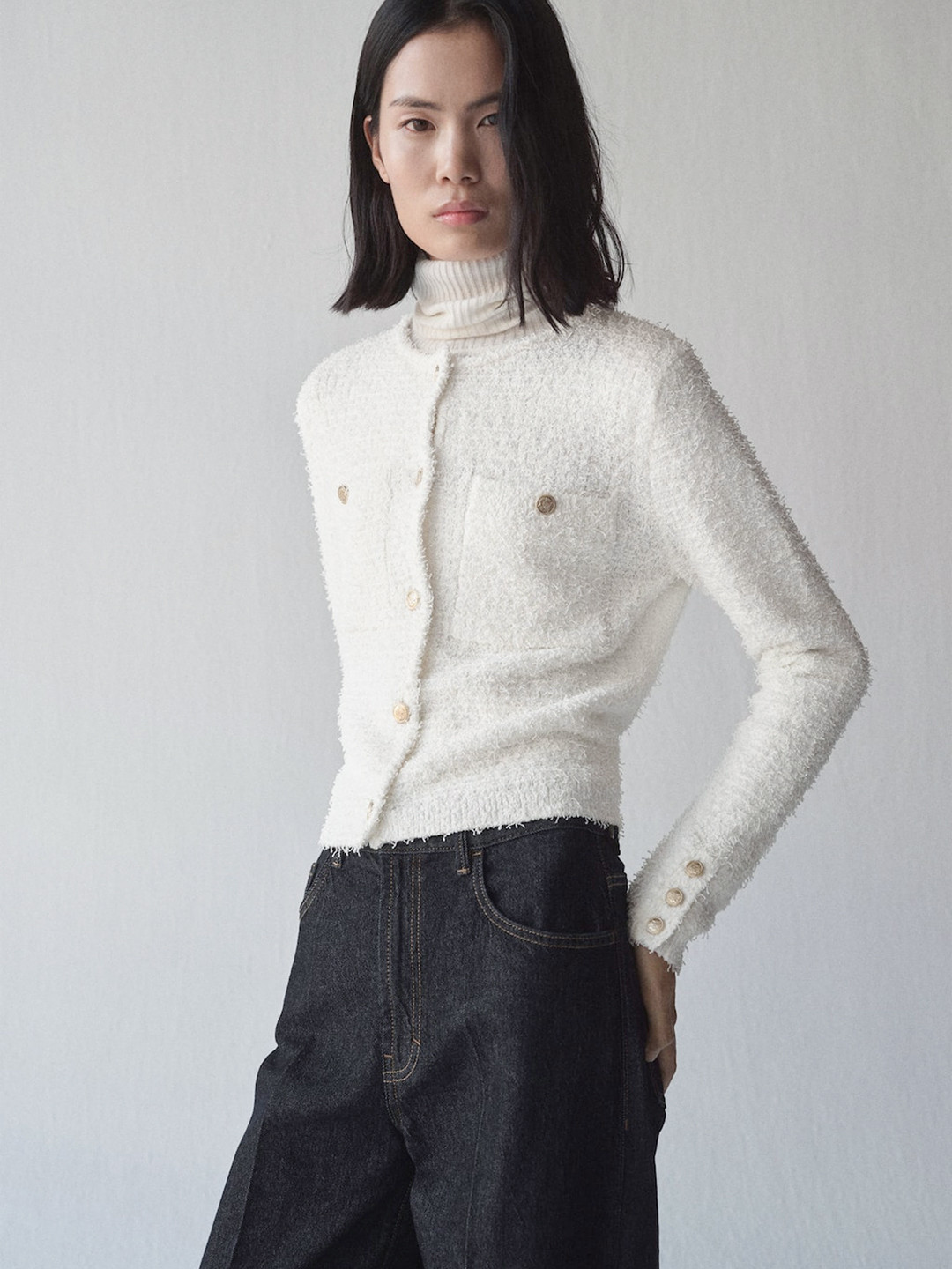 MANGO Collarless Tweed Jacket