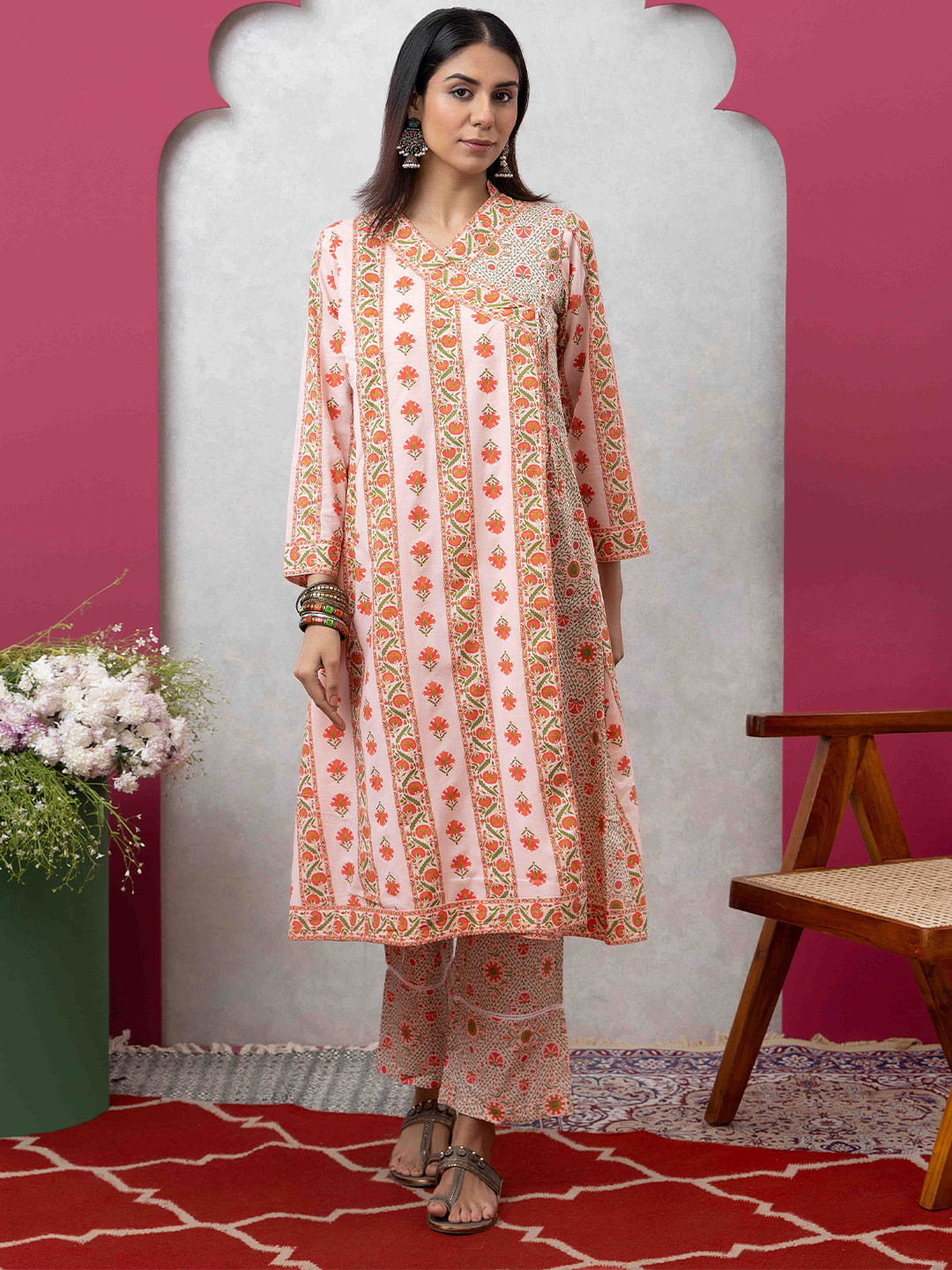 SAKA DESIGNS Floral Printed V Neck A Line Pure Cotton Kurta With Trousers
