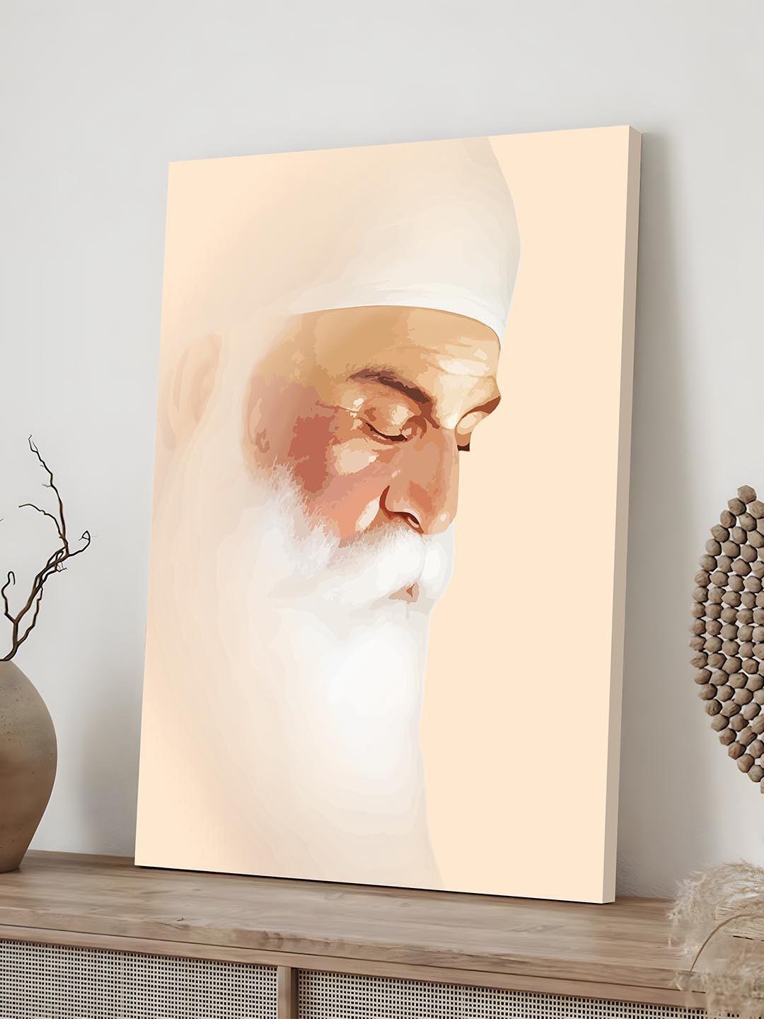 Art Street White & Beige Guru Nanak Dev Ji Printed Religious Canvas Wall Art