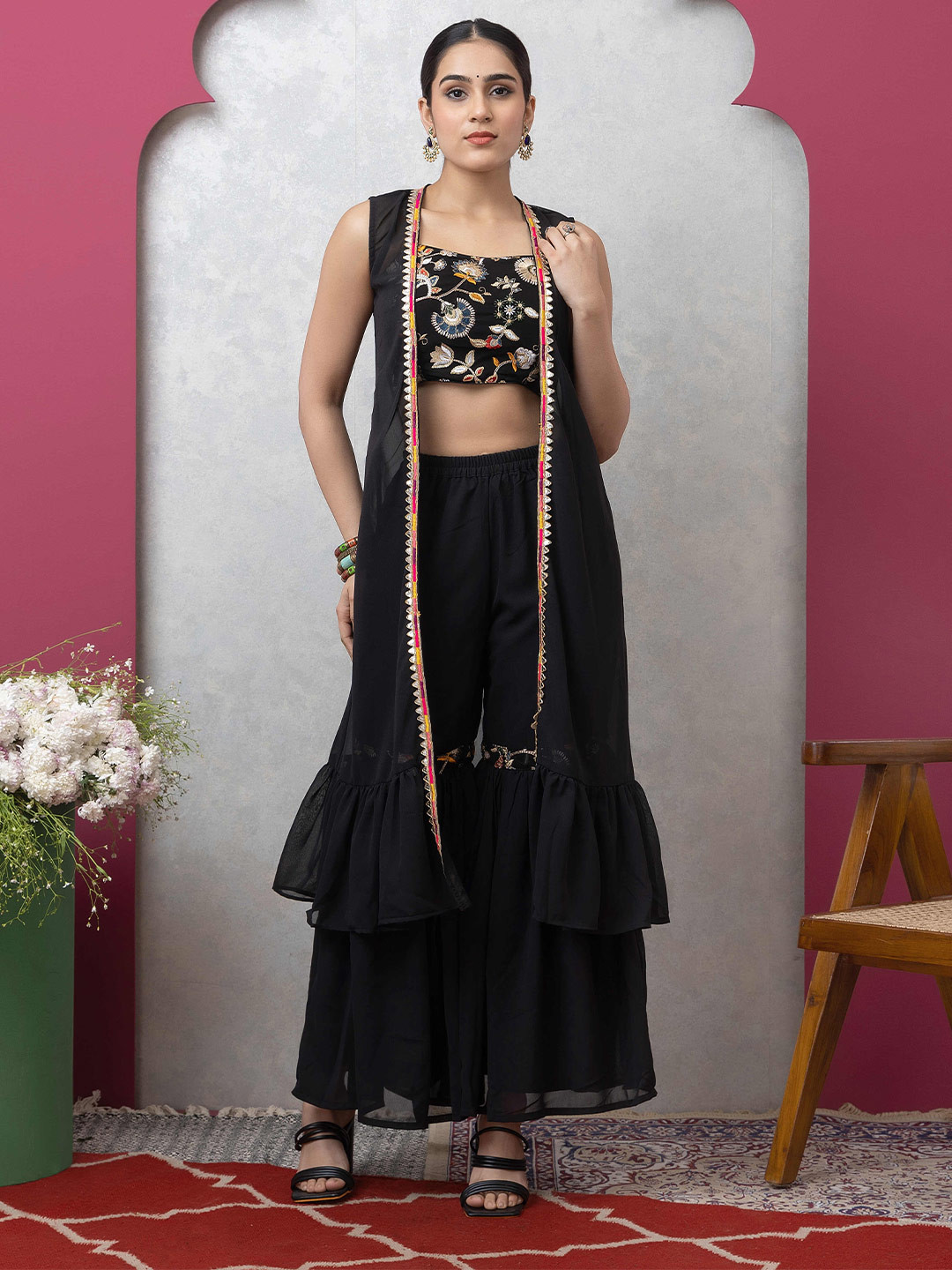 SAKA DESIGNS Embroidered Crop Top & Sharara With Shrug