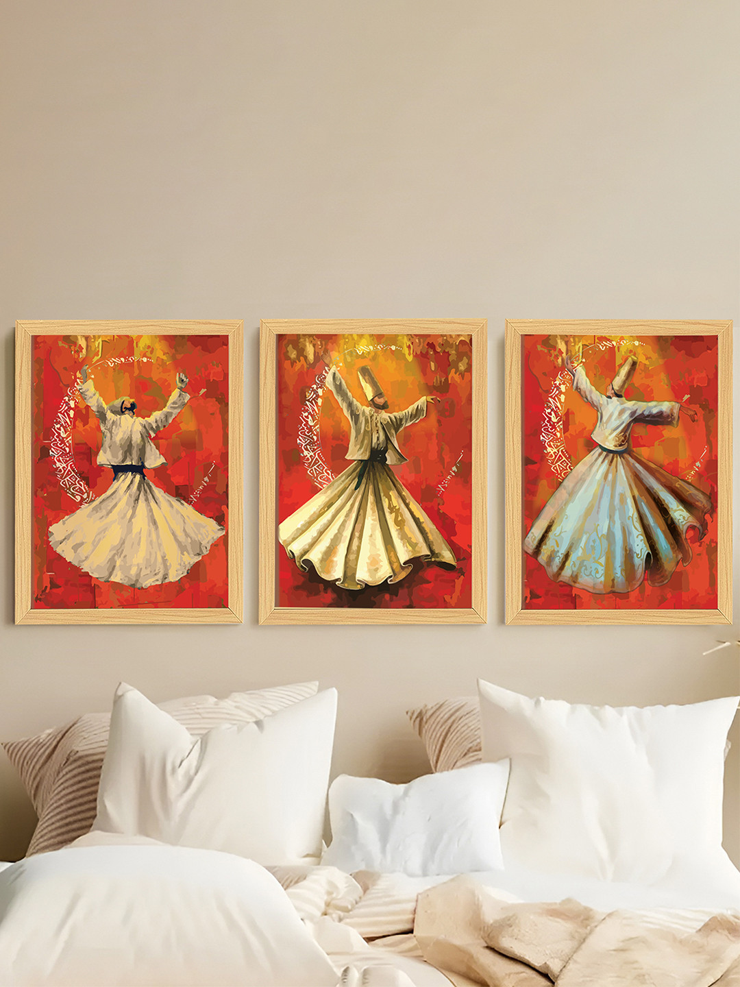 Art Street Red And Beige 3 Pieces Wood Sufi Dancer Islamic Religious Wall Art