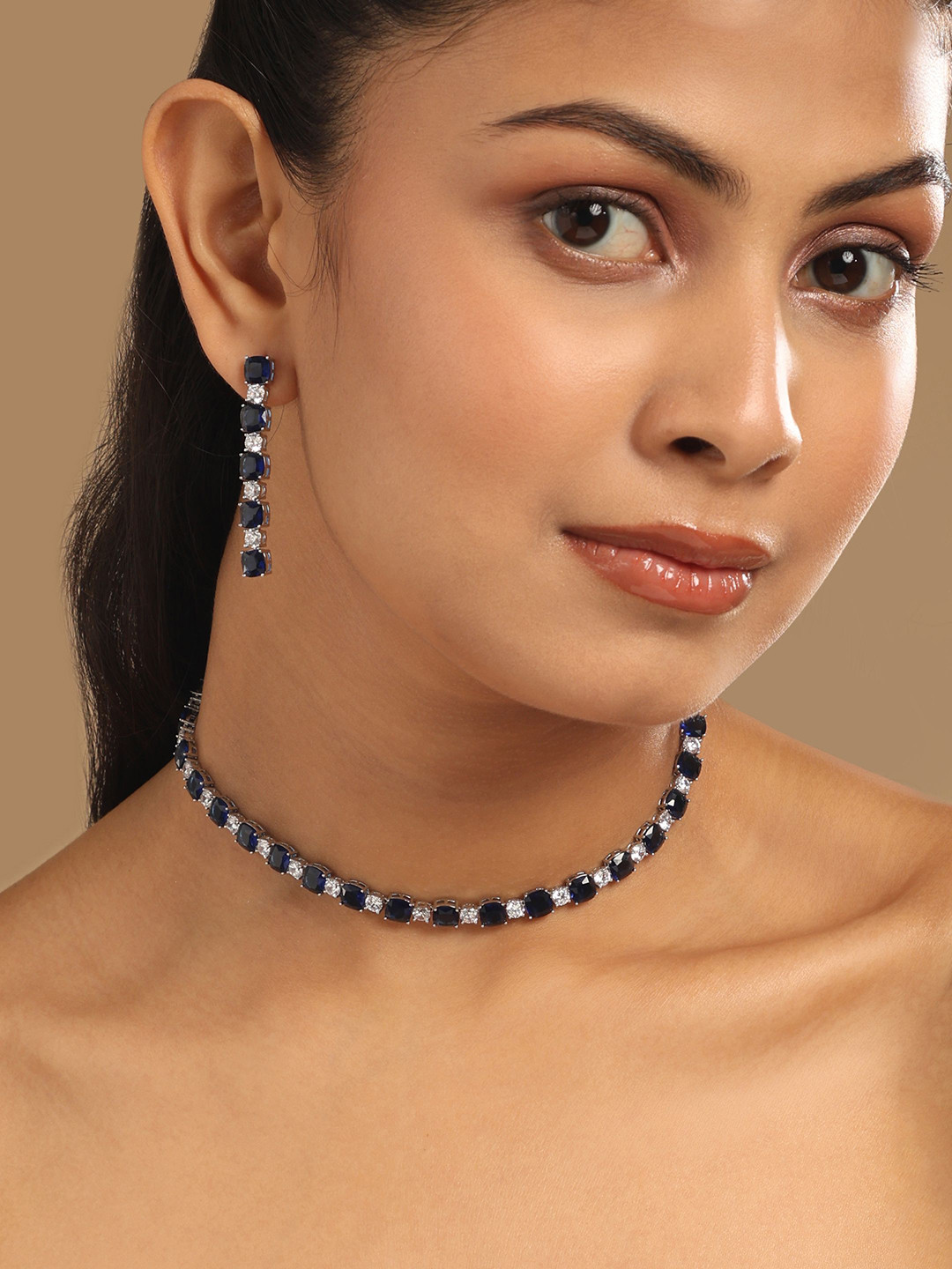 Nuyug  Rhodium-Plated Artificial Blue Stone Studded Minimal Choker Set