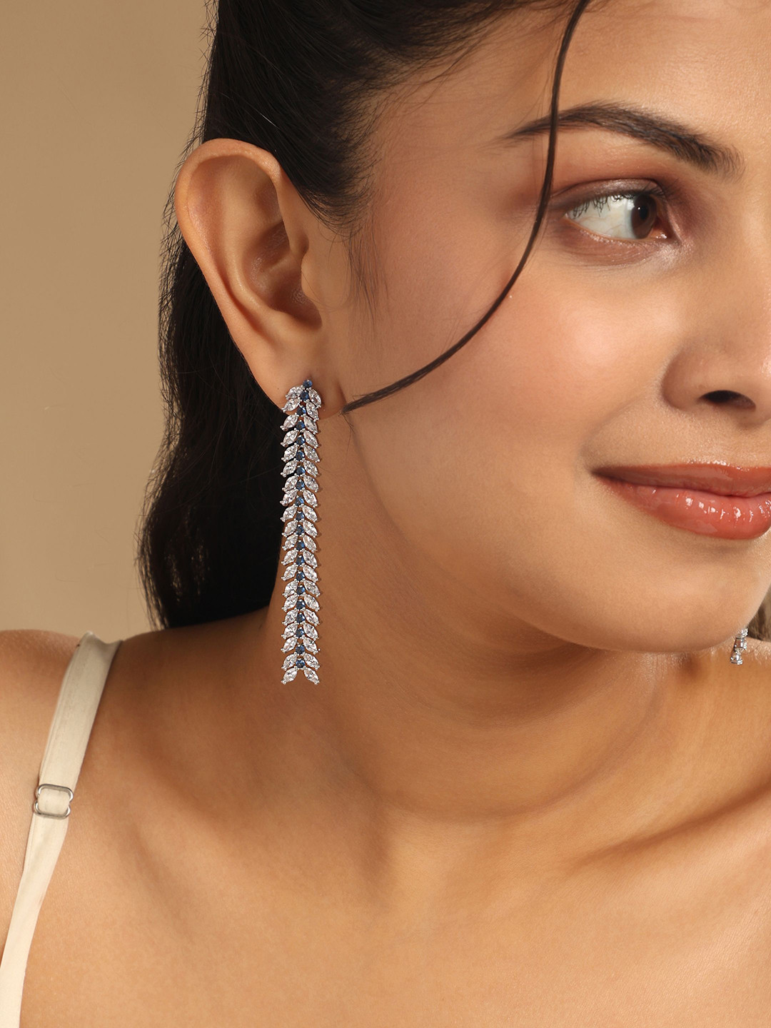 Nuyug  Rhodium-Plated Zircon & Green Stone Studded Anti Tarnish Sleek Cocktail Earrings