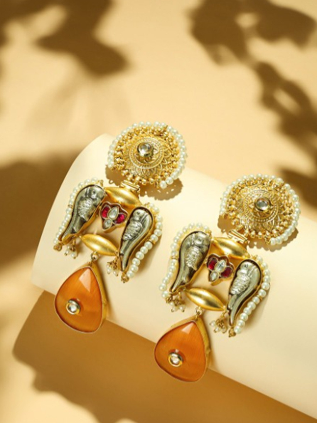 Nuyug  18K Gold-Plated Semi Precious Stone Studded Anti Tarnish Peacock Dangler Earrings
